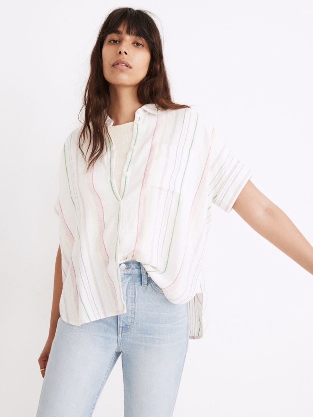 Madewell Linen Blend Daily Shirt in Rainbow Stripe Size L